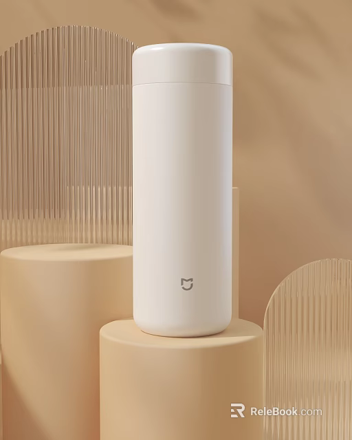 White Cylindrical Cup With Xiaomi Logo On Light Colored Display Stand And Vertical Striped Background 3d model 