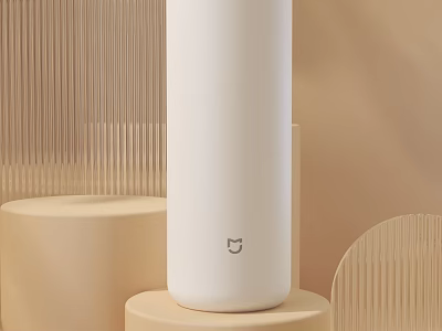 White Cylindrical Cup With Xiaomi Logo On Light Colored Display Stand And Vertical Striped Background 3d model