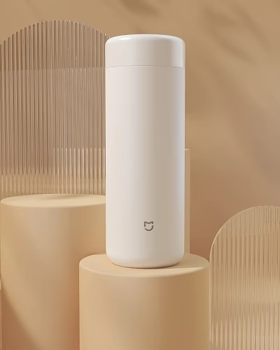 White Cylindrical Cup With Xiaomi Logo On Light Colored Display Stand And Vertical Striped Background 3d model