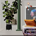 Modern Colorful Sofa and Coffee Table Set With Vibrant Pillows Green Plants and Patterned Rug