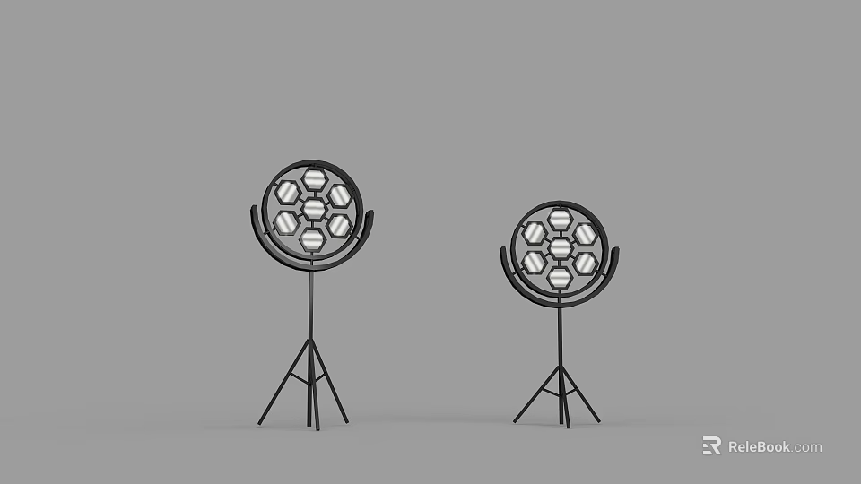 Two Black Tripod Mounted Round Stage Lights With Multiple Bulbs 3d model 