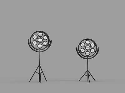 Two Black Tripod Mounted Round Stage Lights With Multiple Bulbs 3d model