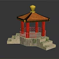 Cartoon Chinese Pavilion Scene With Orange Roof Golden Top And Red Pillars On Stone Steps