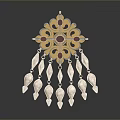 Ornate Golden Floral Design Decorative Brooch With Red Gemstone Center And Teardrop Pendants