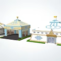 Traditional Yurt Structures With Blue White Decor And Golden Roof Designs