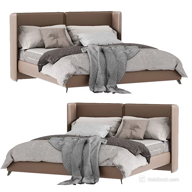 Modern Double Bed With Upholstered Headboard Gray Beige Bedding And Checked Blanket 3d model