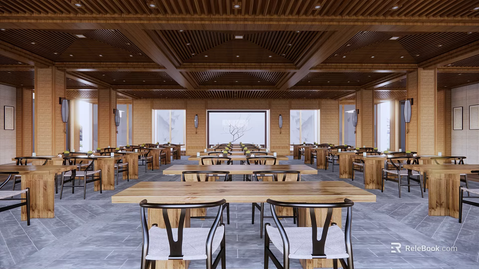 School Dining Hall Interior With Wooden Ceiling Long Tables Chairs And Windows 3d model 