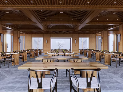 School Dining Hall Interior With Wooden Ceiling Long Tables Chairs And Windows 3d model