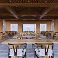 School Dining Hall Interior With Wooden Ceiling Long Tables Chairs And Windows