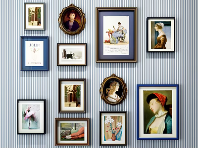 Collection of Framed Portrait Paintings Hanging on Striped Wall with Diverse Styles 3d model