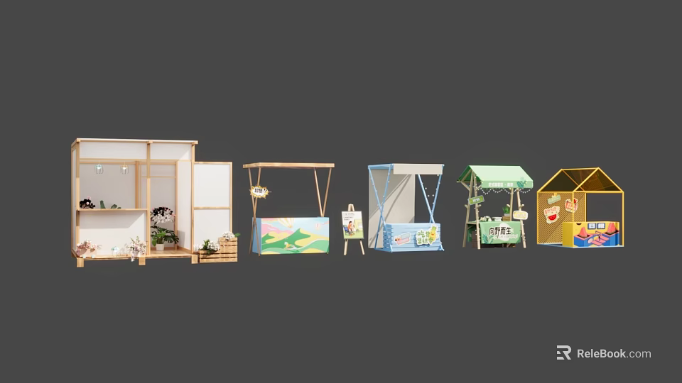 Colorful Commercial Retail Stall Equipment With Shelves And Canopy Designs 3d model 