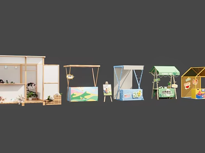Colorful Commercial Retail Stall Equipment With Shelves And Canopy Designs 3d model