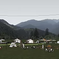 Scenic Mountain View Campsite With Tents Green Lawn And Outdoor Seats
