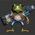 Cartoon Green Frog Character Carrying Blue Bottle Wearing Red Backpack And White Pants