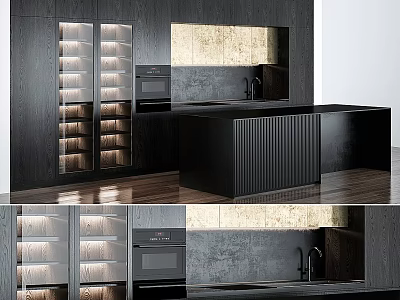 Modern Kitchen Interior With Dark Cabinets Glass Door Wine Storage Island And Stone Countertop 3d model