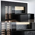 Modern Kitchen Interior With Dark Cabinets Glass Door Wine Storage Island And Stone Countertop