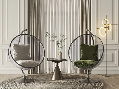 Leisure Sofa Set Featuring Transparent Spherical Design Green Beige Cushions Small Table And Modern Decor 3d model