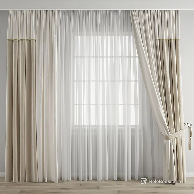 Beige And White Curtains With Sheer Panels And Tiebacks For Window Interior 3d model