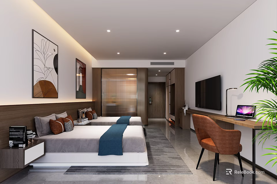 Modern Hotel Guest Room With Two Beds Blue Runners Decorative Paintings And Brown Chair 3d model 