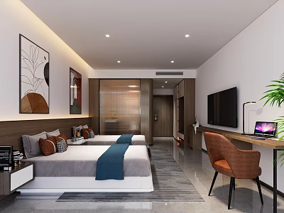 Modern Hotel Guest Room With Two Beds Blue Runners Decorative Paintings And Brown Chair 3d model