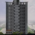 Modern Office Building With Perforated Facade Design And Lush Greenery Surrounding Parking Area