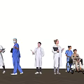 Group of Medical Professionals and Patients in Hospital Corridor with Wheelchair and Documents