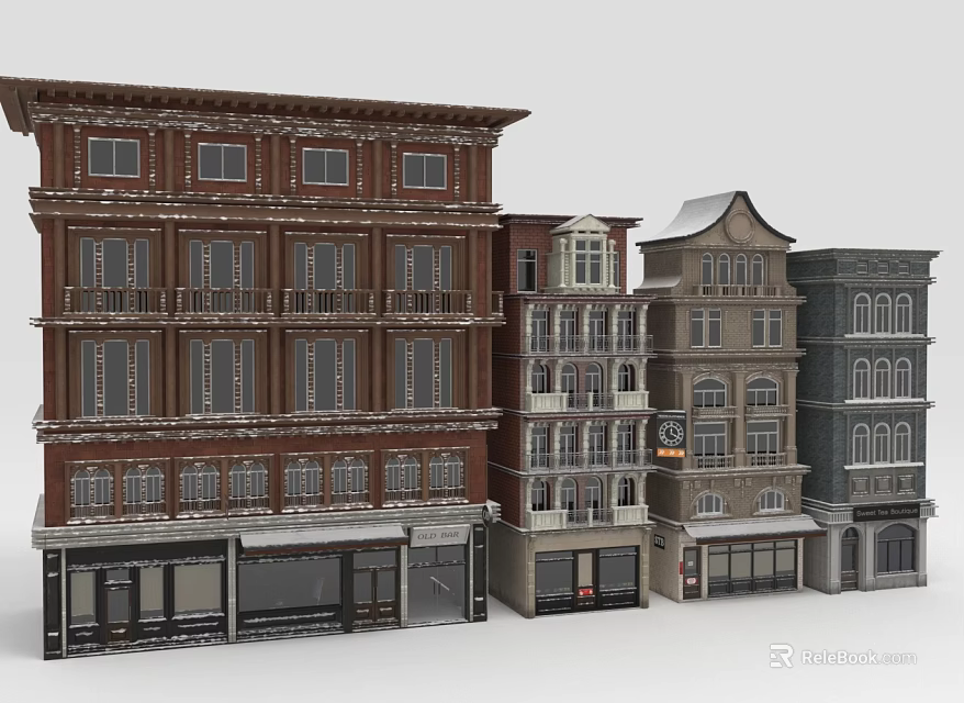 Various Style Urban Row Buildings With Red Brick And Gray Facades And Storefronts 3d model 
