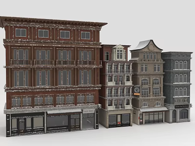 Various Style Urban Row Buildings With Red Brick And Gray Facades And Storefronts 3d model