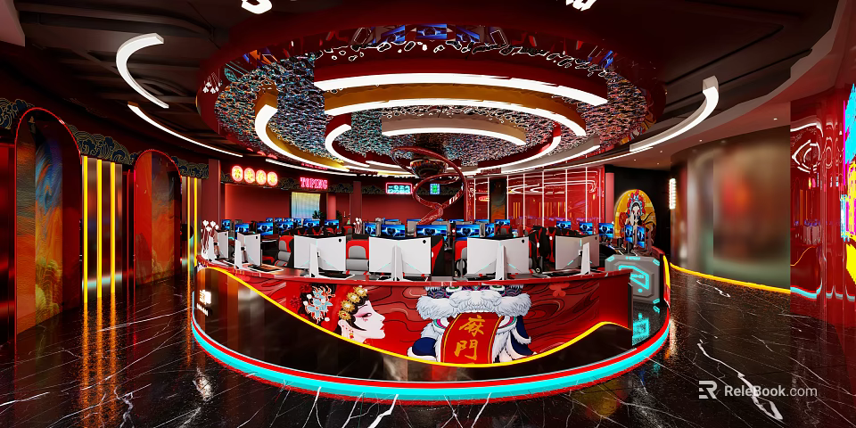 Chinese Style Internet Café With Peking Opera Elements And Lighting 3d model