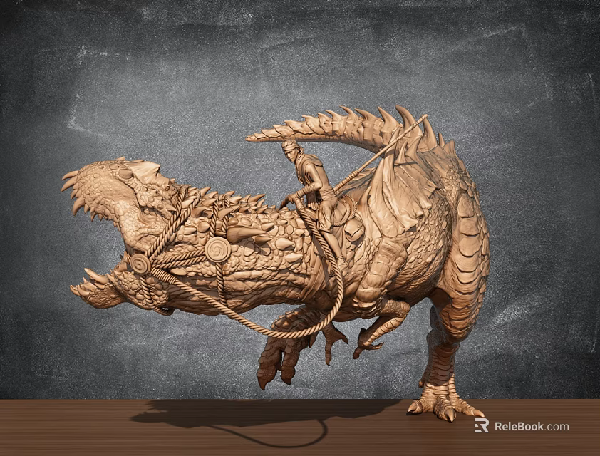 Intricate Wooden Dinosaur Sculpture Carving With Textured Details On Blackboard Background Table 3d model 