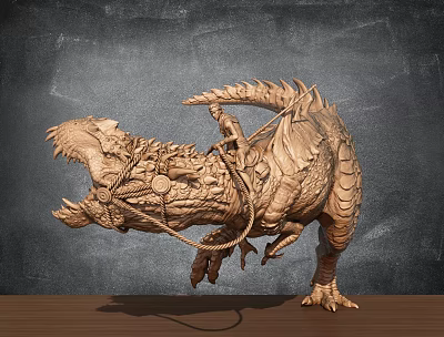 Intricate Wooden Dinosaur Sculpture Carving With Textured Details On Blackboard Background Table 3d model