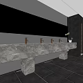 Modern Public Restroom Interior With Marble Countertop Multiple Faucets Black Walls And Decorative Painting