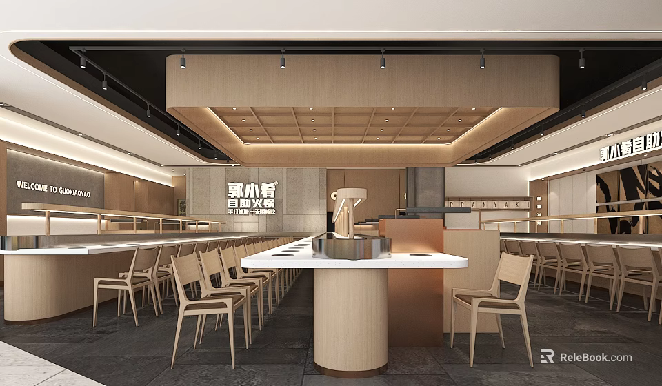 Modern Mall Restaurant Interior With Wooden Chairs White Dining Tables And Ceiling Lighting 3d model 