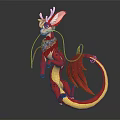 Fantasy Dragon Character Long Ears Red Body White Antlers Colorful Scarf Yellow Tail Standing Pose