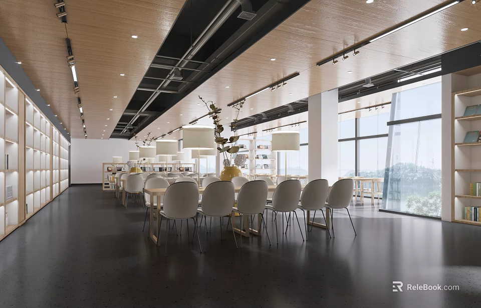 Book Art Inspired Interior With Wooden Ceiling Bookshelves Long Table White Chairs And Large Windows 3d model 