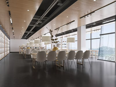 Book Art Inspired Interior With Wooden Ceiling Bookshelves Long Table White Chairs And Large Windows 3d model