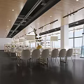 Book Art Inspired Interior With Wooden Ceiling Bookshelves Long Table White Chairs And Large Windows