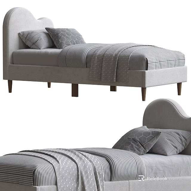 Modern Kids Bed With Upholstered Headboard Striped Bedding Pillows And Wooden Legs 3d model 