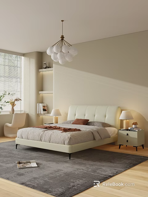 Modern Double Bed with White Tufted Headboard in Beige Bedroom with Nightstands and Pendant Light 3d model 
