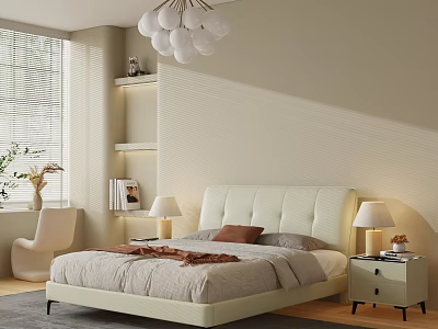 Modern Double Bed with White Tufted Headboard in Beige Bedroom with Nightstands and Pendant Light 3d model