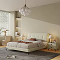 Modern Double Bed with White Tufted Headboard in Beige Bedroom with Nightstands and Pendant Light