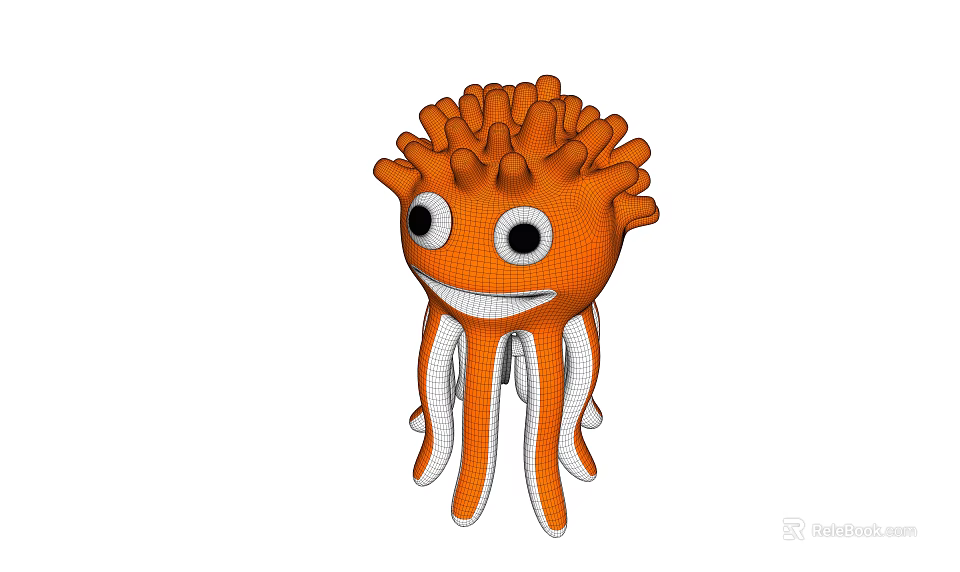 Orange Octopus Shaped Doll with Big Eyes Smiling Face and White Tentacles Spiky Texture Design 3d model 