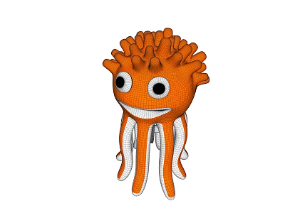 Orange Octopus Shaped Doll with Big Eyes Smiling Face and White Tentacles Spiky Texture Design 3d model