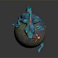 Game Movie Fantasy Character With Blue Body Orange Spikes Lying On Textured Sphere