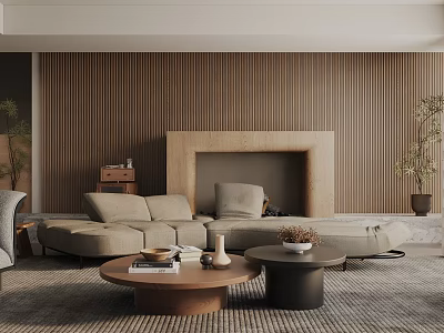 Modern Living Room With Brown Striped Wall Beige L shaped Sofa Fireplace Coffee Table And Plants 3d model