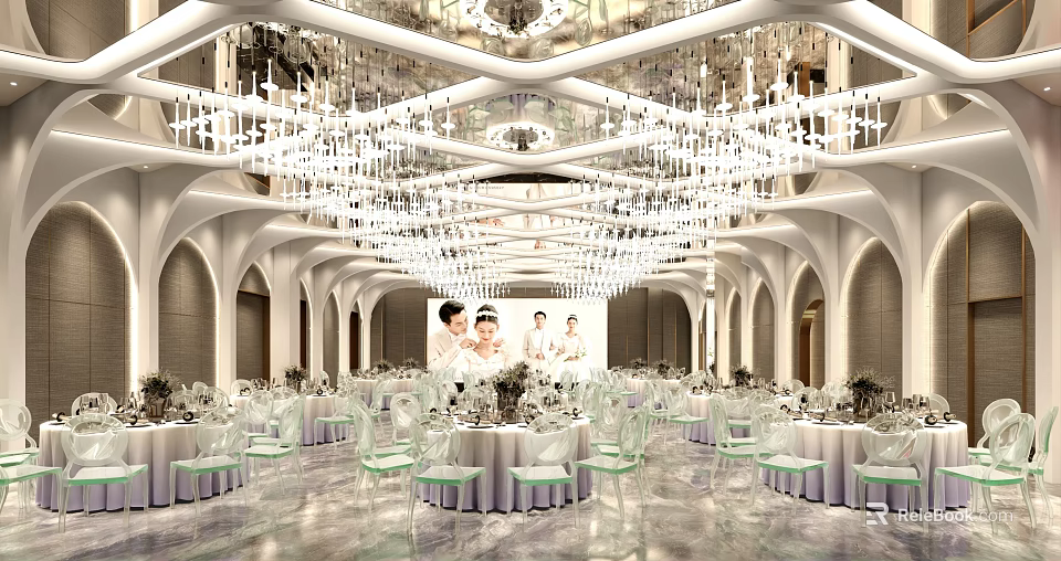 Elegant Banquet Hall Interior With Crystal Chandeliers Round Tables And Decorations 3d model 
