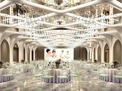 Elegant Banquet Hall Interior With Crystal Chandeliers Round Tables And Decorations 3d model