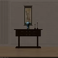 Wooden Console Table With Drawers Gold Knobs Blue Vase And Black Candle Holders 3d model