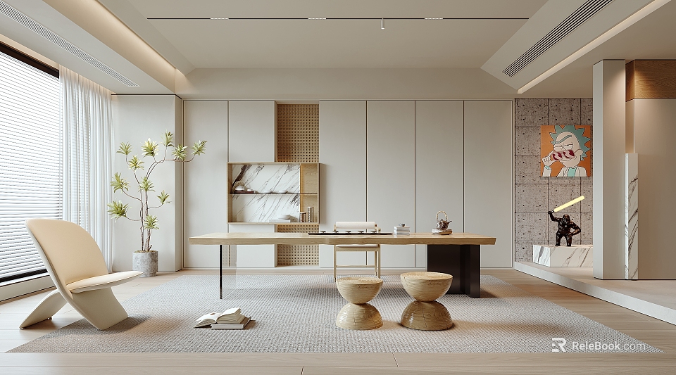 Modern Tea Room With Long Table Round Stools Bookshelf Decorative Painting And Potted Plant 3d model 