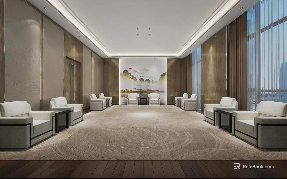 Elegant Lounge Area with Wooden Walls Large Windows Carpet White Sofas Coffee Tables Landscape Painting 3d model 